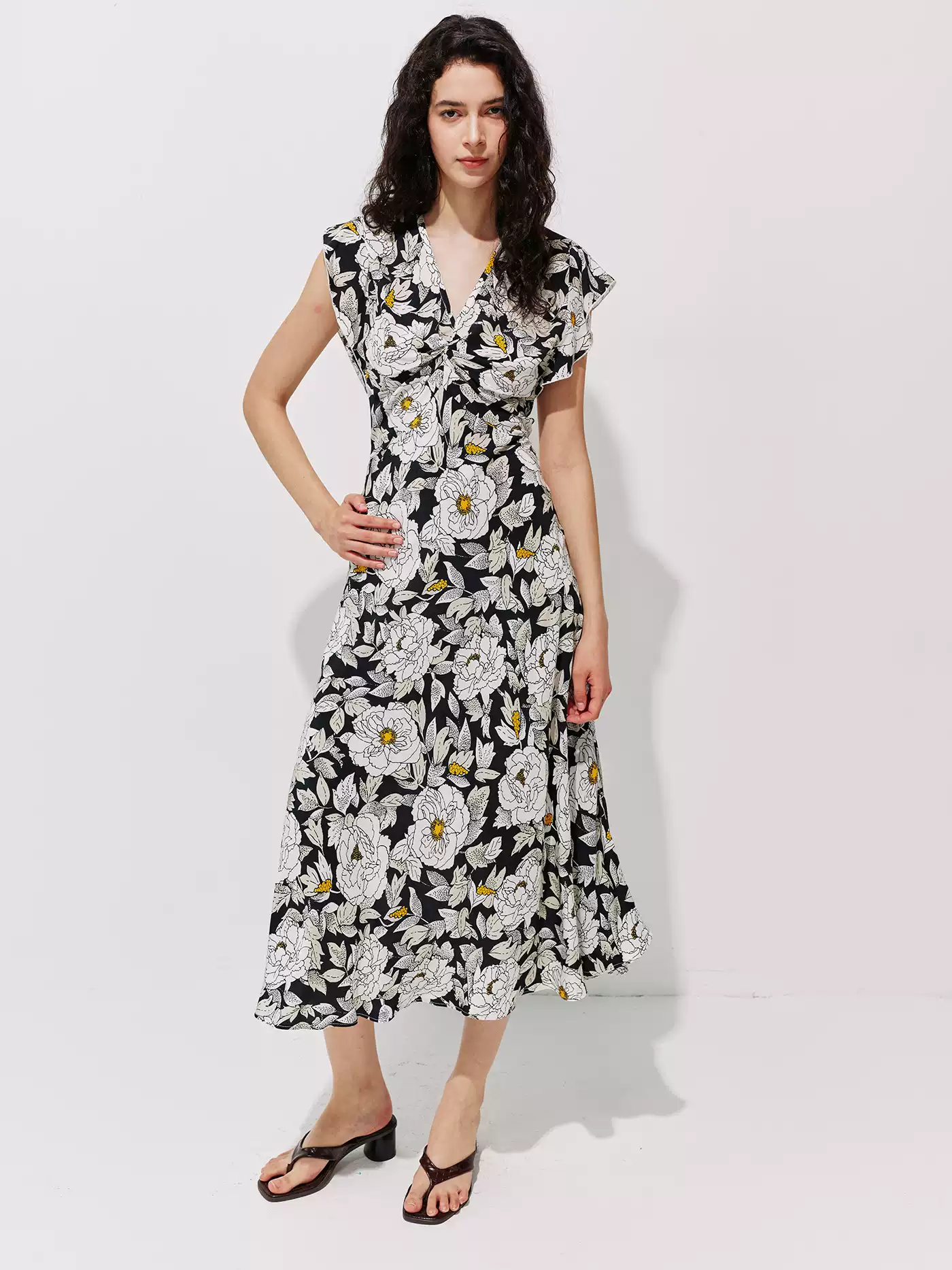 DVF Floral V-Neck Flutter-Sleeve Tea Dress - photo 3