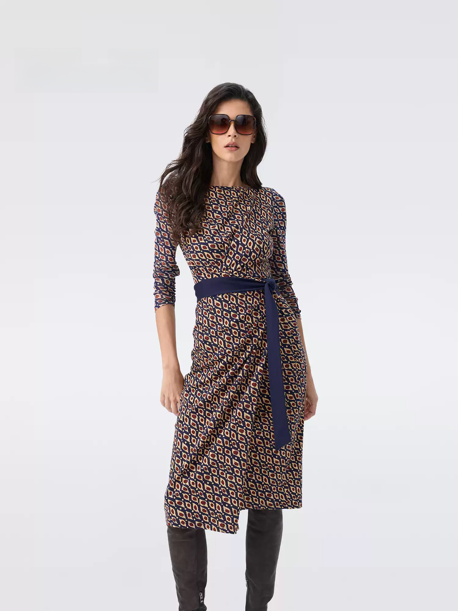 DVF Fall 2026 Diamond-Pattern Faux-Wrap Knit Dress - photo 2