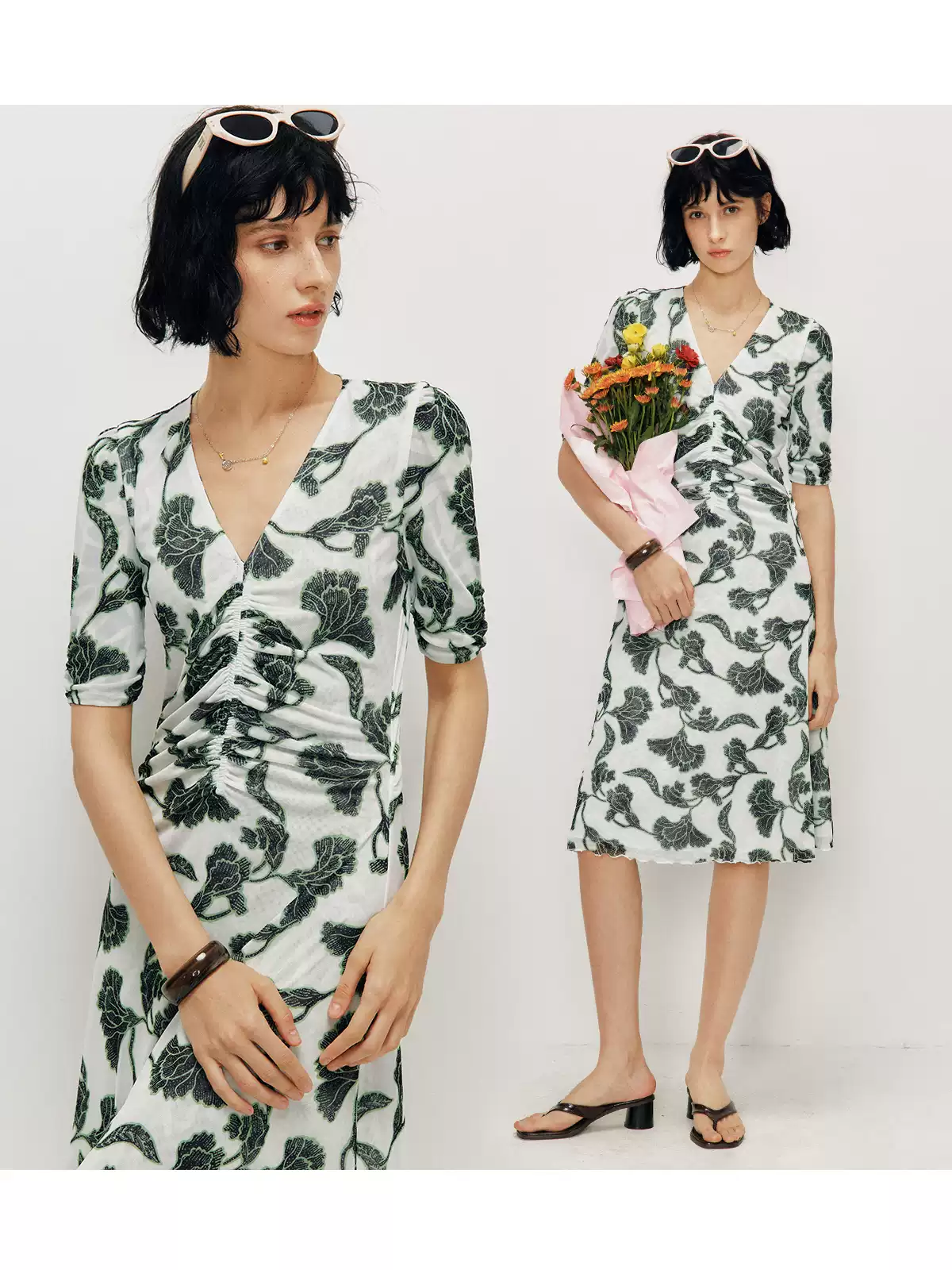 DVF Floral-Print Stretch-Mesh V-Neck Tea Dress - photo 1