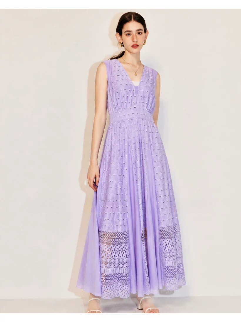 DVF Fall 2026 Embroidered V-Neck Dress with Lace Panels - detail 15