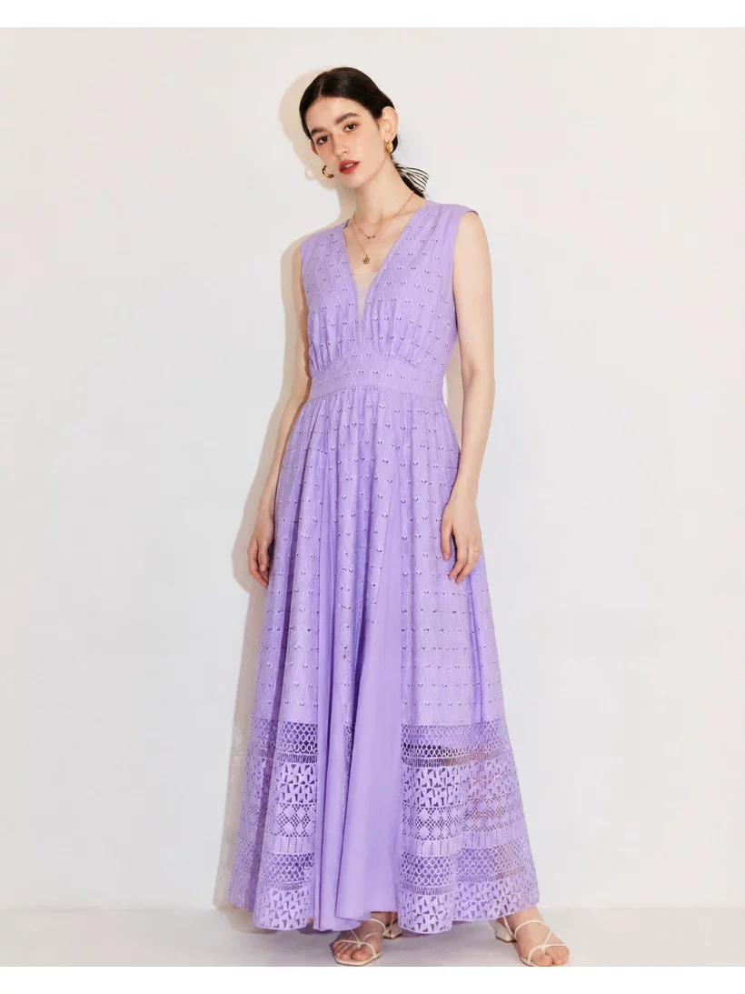 DVF Fall 2026 Embroidered V-Neck Dress with Lace Panels - detail 17