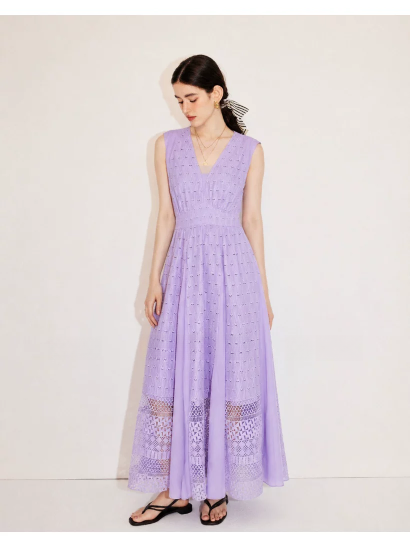 DVF Fall 2026 Embroidered V-Neck Dress with Lace Panels - detail 18