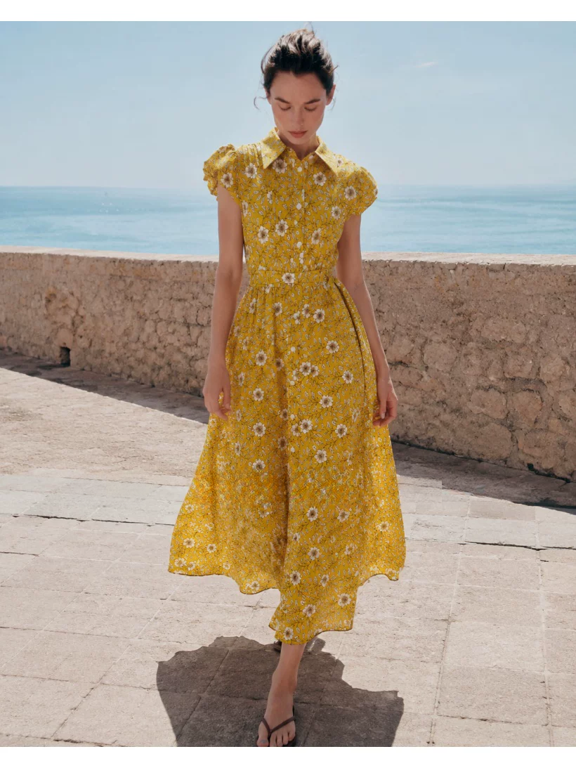 DVF Fall 2026 Yellow Floral Puff-Sleeve Tea Dress - detail 15