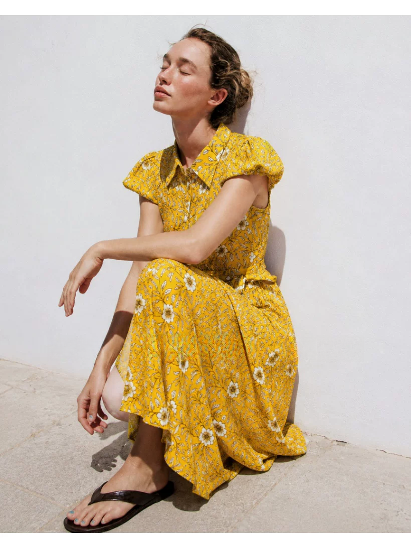 DVF Fall 2026 Yellow Floral Puff-Sleeve Tea Dress - detail 18