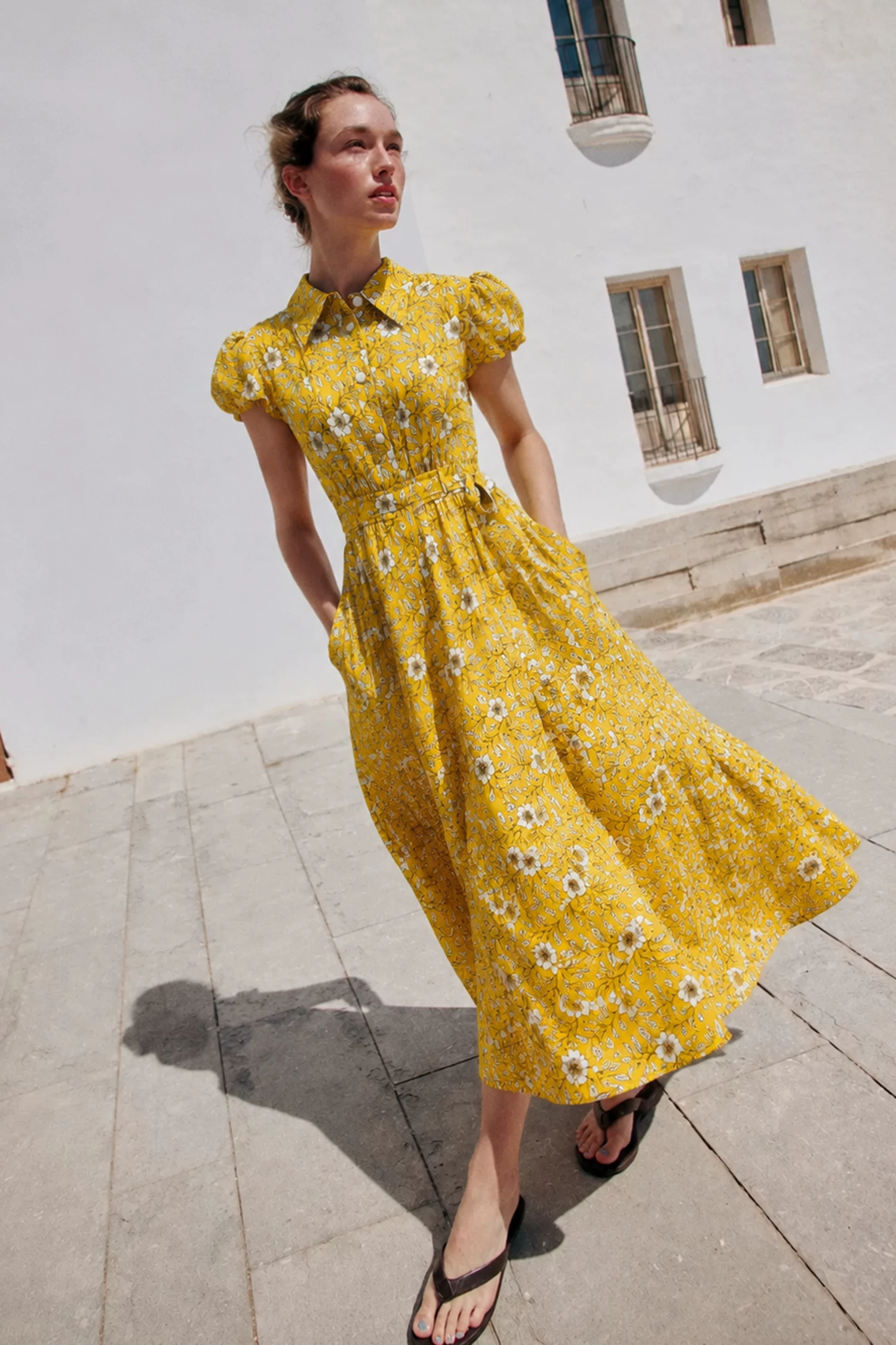 DVF Fall 2026 Yellow Floral Puff-Sleeve Tea Dress - detail 6