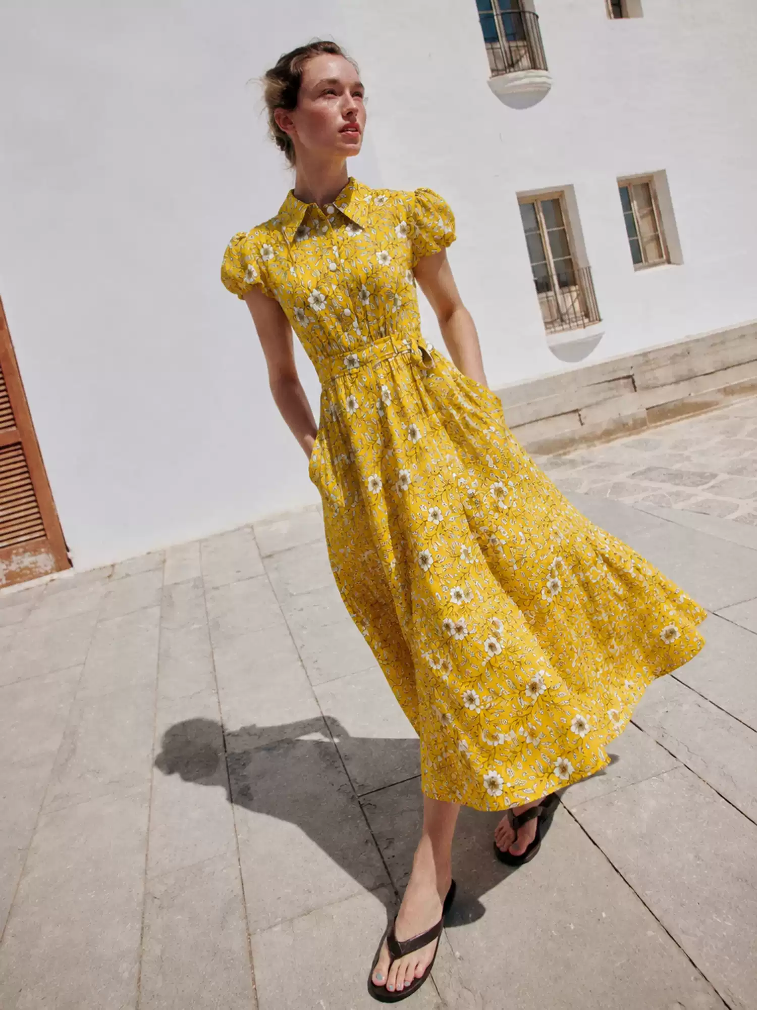 DVF Fall 2026 Yellow Floral Puff-Sleeve Tea Dress - photo 1